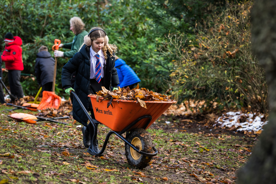 Group of people participating in an outdoor clean-up activity, with one person pushing an orange wheelbarrow filled with leaves in a park-like setting with fallen leaves and patches of snow.